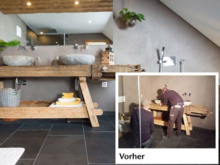 Vorher-Nachher-Bild einer Renovierung mit Schieferfliesen im Badezimmer