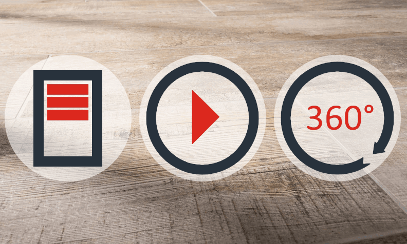 Symbole für Magazinartikel, Videos und Panoramatouren vor verlegtem Steinboden