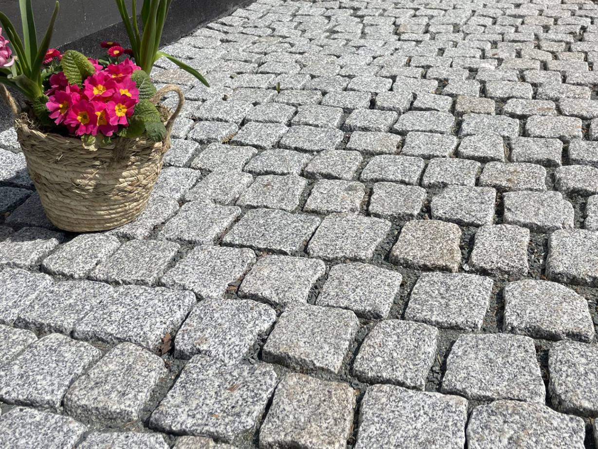 Die hellen Pflastersteine wirken modern mit rustikaler Note. Kundenfoto Pflastersetein_Granit Silver_Rustice_Einfahrt_nah_Blumen