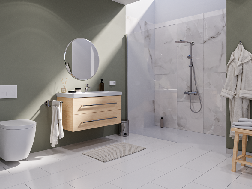 Marmoroptik Perla Crema Dusche ganzes Badezimmer