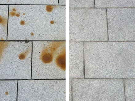 Reinigung von Granitplatten mit Rostflecken Vorher-Nachher-Vergleich