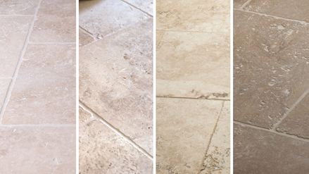 So viele Gesichter kann getrommelter Travertin haben: Travertin Light, Medium, Rustic und Noce im Vergleich (v.l. n.r.)